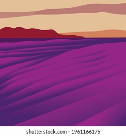Flat-style landscape, a picture of a lavender field in Provence, France. Vector image of purple field, evening sky, clouds for poster, postcard, web. EPS 10.