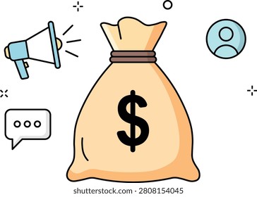 Flat-style of money bag with communication around moneybag dollar speechbubble megaphone flatdesign