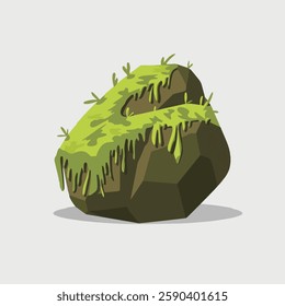 A Flat-Style Moss-covered rock on a Plain White Background