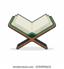 A Flat-Style Open Quran on book stand on a Plain Background