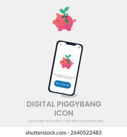 A flat-style piggybank icon with a growing plant, symbolizing digital savings and investment growth. Ideal for fintech, banking apps, and financial startup UI kits.