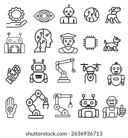 Flat-style robot icon set: AI, chatbot, humanoid, drone, and more. Perfect for tech apps, websites, presentations, and UI.