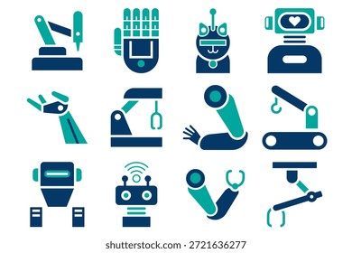 Flat-style robotics icons in teal and navy blue showing robotic arms, humanoid robots, AI tech, and automation tools.