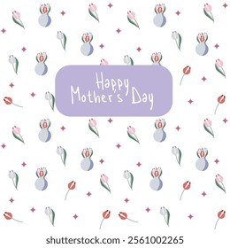 Flat-style seamless Mother's Day pattern featuring tulips in vases and individual flowers with soft pastel tones. Ideal for greeting cards, wrapping paper, and festive decorations.