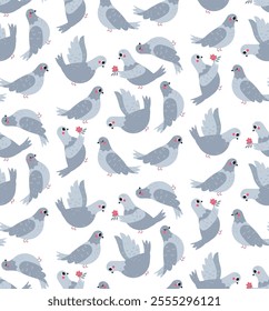 Flat-style seamless pattern with adorable pigeons holding flowers and interacting. Perfect for Valentine's Day designs, romantic stationery, fabric prints, and greeting cards.