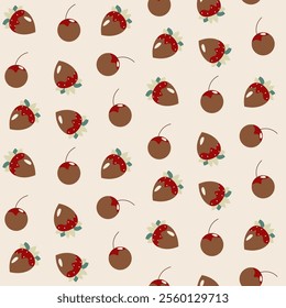 Flat-style seamless pattern with chocolate-dipped strawberries and cherries on a soft beige background. Perfect for packaging, textiles, wallpapers, gift wraps, and dessert-themed projects.