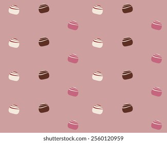 Flat-style seamless pattern with colorful chocolate truffles in pink, white, and brown shades on a soft pastel background. Perfect for packaging, textile, wallpaper, and dessert-themed designs.