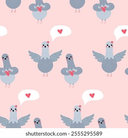 Flat-style seamless pattern with cute pigeons holding hearts and speech bubbles with love symbols on a pink background. Perfect for Valentine's Day designs, greeting cards, wrapping paper, and fabric 