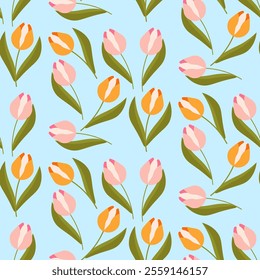 Flat-style seamless pattern featuring colorful tulips with pink and orange petals and green leaves on a light blue background. Perfect for spring-themed designs, fabric prints, and wrapping paper