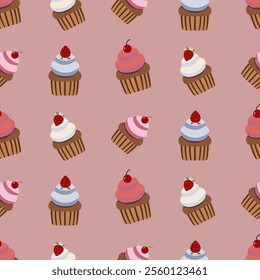 Flat-style seamless pattern featuring colorful cupcakes topped with strawberries and cherries on a soft pink background.Perfect for bakery packaging, dessert-themed designs, textiles.