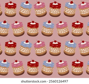 Flat-style seamless pattern featuring colorful mini cakes with cherries, strawberries, and icing. Perfect for bakery packaging, textiles, gift wraps, digital projects, and dessert-themed designs.