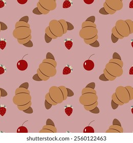 Flat-style seamless pattern featuring croissants, cherries, and strawberries on a pink background. Perfect for bakery designs, packaging, textile prints, and food-related projects.
