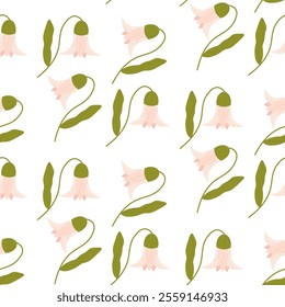 Flat-style seamless pattern featuring delicate pink bellflowers with soft green leaves. Perfect for spring-themed designs, textiles, wallpaper, and packaging. Light, minimal, and elegant floral design
