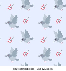 Flat-style seamless pattern featuring pigeons with olive branches and red berries on a soft pastel background. Perfect for Valentine's Day, wedding designs, fabric, wrapping paper, and stationery.