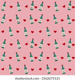 Flat-style seamless pattern featuring soju bottles and red hearts on a pink background. Perfect for designs celebrating Korean culture, love-themed events, or unique branding projects.