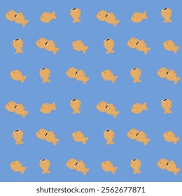 Flat-style seamless pattern featuring Taiyaki or punnopan fish-shaped pastries with vibrant blue background. perfectfor food-related designs, packaging, or creative projects with a Asian touch.