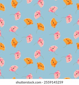 Flat-style seamless pattern featuring vibrant orange and pink poppy flowers on a soft blue background. Perfect for spring-themed designs, textiles, wrapping paper, wallpapers, and creative projects.