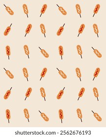 Flat-style seamless pattern of Korean corn dogs with ketchup and mayonnaise on a light background. Perfect for food-themed designs, packaging, or creative culinary branding.