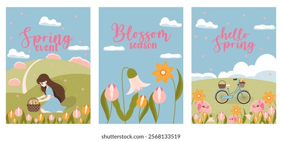 Flat-style spring illustrations with floral themes, featuring a girl in a meadow, blooming flowers, and a bicycle with flower baskets. Perfect for seasonal event promotions and springtime designs.