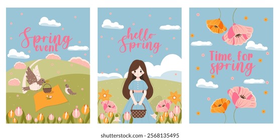 Flat-style spring posters featuring birds, flowers, and a girl in a serene meadow. Perfect for seasonal events, greeting cards, and springtime designs. Bright colors and playful illustrations.