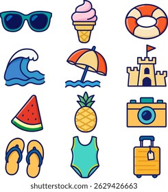 Flat-style summer icon set with pastel colors. Includes sunglasses, ice cream, lifebuoy, swimsuit, wave, palm tree, watermelon, and travel items. Perfect for seasonal content and decoration.