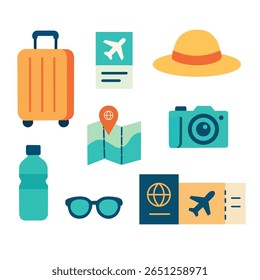 Flat-style travel icons set including suitcase, boarding pass, camera, hat, water bottle, map, sunglasses, passport, and flight ticket. Perfect for travel, tourism and holiday essentials.