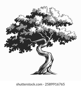 A Flat-Style Twisted tree on a Plain White Background