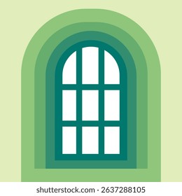 Flat-style vector of an arched window with green layered accents on a light background. Ideal for themes like architecture, home decor, real estate, and minimalist design. Clean and modern, perfect fo