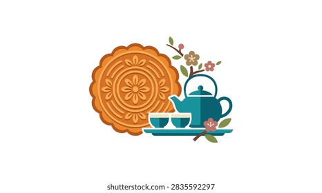 A flat-style vector graphic featuring symbols of the Mid-Autumn Festival. A large brown mooncake with an intricate floral pattern is displayed next to a teal teapot and two cups on a tray. A blossoming flower branch with green leaves and pink blossoms accents the set, all isolated on a white background.
