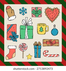 Conjunto de artículos y accesorios de Vector de estilo plano dibujado a mano del año Nuevo. Taza, regalos, corazón, calcetín, mitones, caramelo
