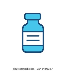 Ícone vetorial plano de um frasco de vacina ou frasco médico, comumente usado em campanhas de vacinação e ilustrações de cuidados de saúde. Perfeito para infográficos médicos, consciência da Covid-19.
