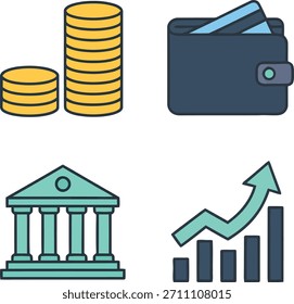 Flat-style vector icons representing finance, law, and education, including a piggy bank and a classical building bank facade, symbolizing saving, investment, law, and government institutions.
