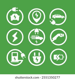 Iconos vectoriales de estilo plano con temas sobre vehículos eléctricos (VE) y vida verde sobre un fondo verde. Estos iconos limpios y minimalistas son ideales para etiquetas, signos y símbolos.