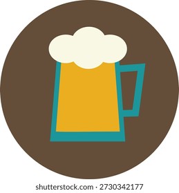 Una Ilustración vectorial de estilo plano de una taza de cerveza llena de cerveza de color ámbar y cubierta con espuma blanca espumosa. Diseñado con una paleta de colores limitada y una sombra larga, este gráfico es ideal para su uso como icono, logotipo o elemento de diseño para bares, cervecerías, pubs o eventos como el Oktoberfest.