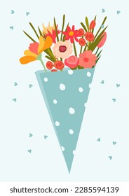 Flache Vektorgrafik eines blühenden Blumenstraums auf blauem Hintergrund.Tulip, Kamille, Rose und Wildblumen in Kunsthandwerk, perfekt für verschiedene Feiern. Vektorgrafik.