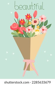 Flat-style vector illustration of a blossoming flower bouquet a blue background.Tulip, chamomile, rose and wildflowers in craft paper, perfect for various celebrations. Vector illustration.