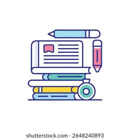 Flat-style vector illustration of a book stack and writing materials, conveying studying concept.