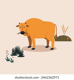 A flat-style vector illustration of a brown cow grazing on grass, with a few blades of grass around it. This Eid al-Adha themed animal illustration is perfect for festive designs.