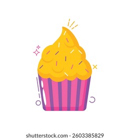 flat-style vector illustration of a delicious cupcake with a pink and purple striped wrapper and bright yellow frosting topped