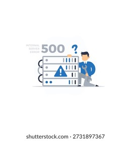Flat-style vector illustration depicting a 500 Internal Server Error. It features a technician kneeling beside a server rack with a large wrench, a warning symbol, and a question mark above their head—symbolizing confusion and troubleshooting. Ideal for web development, IT maintenance, or error page design themes.