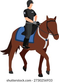 Ilustração vetorial em estilo plano representando um policial ou oficial de segurança montado em um cavalo marrom. O cavaleiro está vestido com um uniforme escuro com um capacete, enquanto o cavalo apresenta uma almofada de sela azul e pulseira de peito branco. Esta ilustração é ideal para temas relacionados à aplicação da lei, segurança pública, dever de patrulha e controle de multidões.