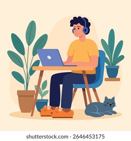 Flat-style vector illustration of a freelance worker sitting at home with a laptop, surrounded by indoor plants and a coffee mug, working comfortably in a cozy atmosphere.