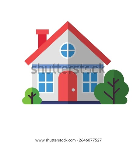 flat-style vector illustration of a house or home icon. It features a red roof and a red front door. The house has white walls and blue-framed windows.