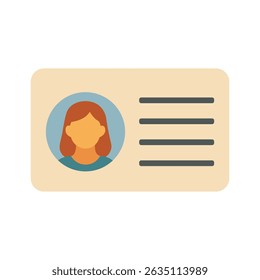 Flat-style vector illustration of an ID card featuring a female avatar and text lines, suitable for user profile, account, and business identity concepts.

