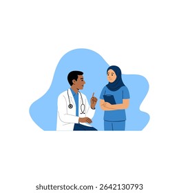 A flat-style vector illustration of a male doctor and a female nurse wearing a hijab having a professional discussion.