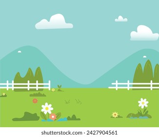 A flat-style vector illustration of a meadow with green grass, flowers, and a fence. In the background, there are mountains and a blue sky.