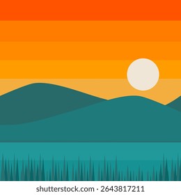 flat-style vector illustration of a peaceful sunset over hills and water. Ideal for use in wallpapers, banners, or editorial design.
