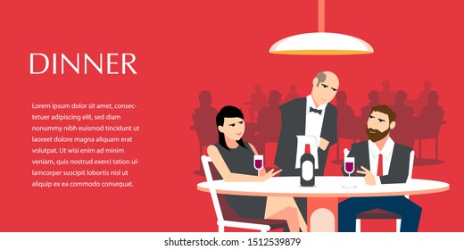A flat-style vector illustration of a romantic dinner scene in an upscale restaurant. Featuring an elegant couple seated at a table with wine, being served by a professional waiter under warm lighting. This clean design with a bold red background is perfect for dating app banners, Valentine's Day promotions, restaurant marketing, and lifestyle blog headers.