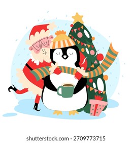 Ilustración vectorial de estilo plano de Santa Claus abrazando a un pingüino y tratando de atar su bufanda. Papá Noel con un árbol de Navidad y un pingüino.