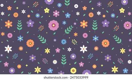 A flat-style vector illustration of a seamless floral pattern with stars. Colorful flowers for decoration.